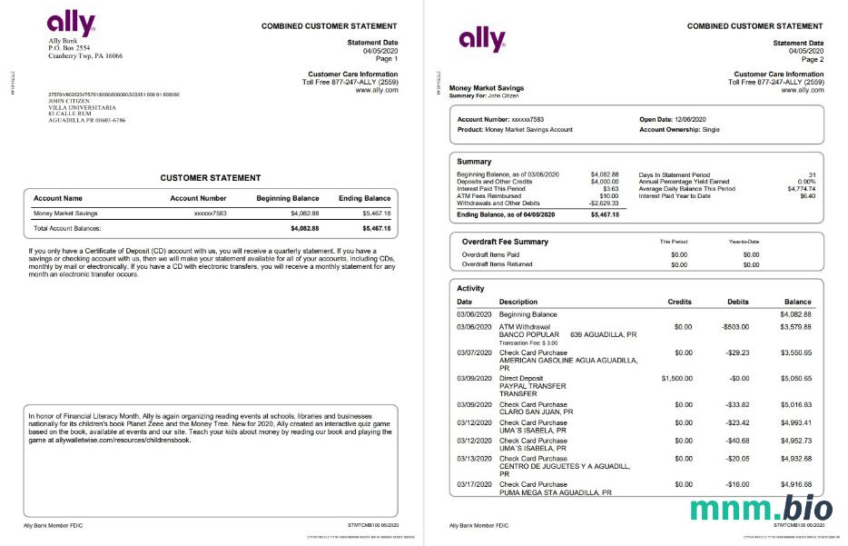 Wyciąg bankowy USA Alaska Global Credit Union, szablon Word i PDF, 2 strony